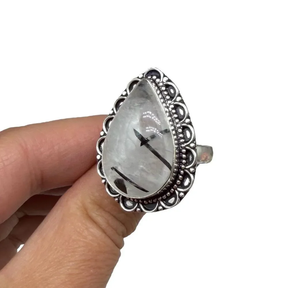 Black Rutilated Quartz Ring Size 10.5 925 Sterling Silver Overlay Tourmaline